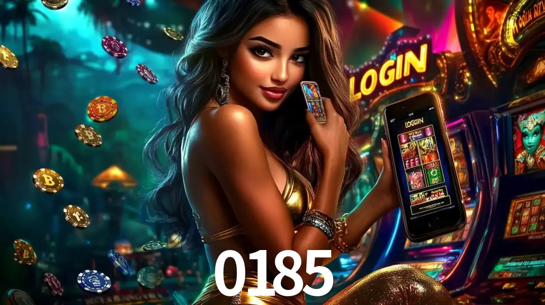 Mulher em um cenário de cassino temático de aventura, mostrando o app de caça-níqueis da 0185 no celular. Fichas de apostas flutuam ao redor.