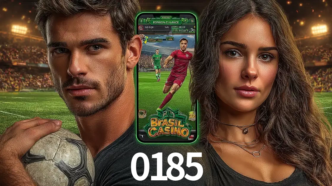Homem segurando uma bola de futebol e uma mulher ao lado de um smartphone exibindo o jogo de apostas esportivas da 0185. Faça seu palpite no cassino online.